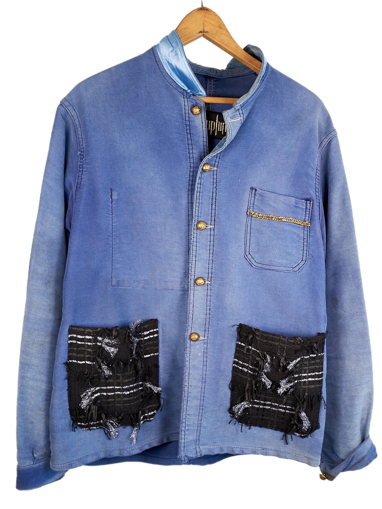 Jacket Distressed Bleached Blue Black Silver Pockets Small